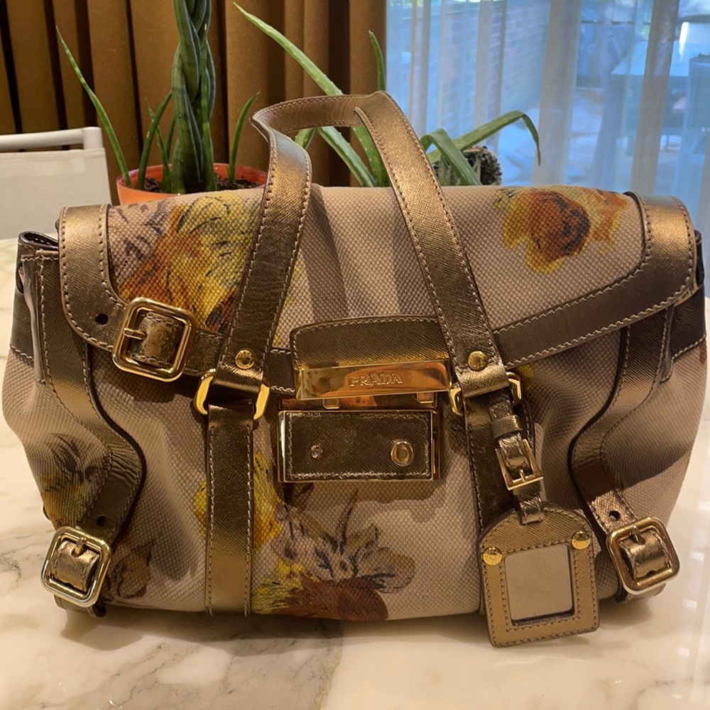 Vintage Prada floral canvas shoulder bag with bronze leather & gold hardware